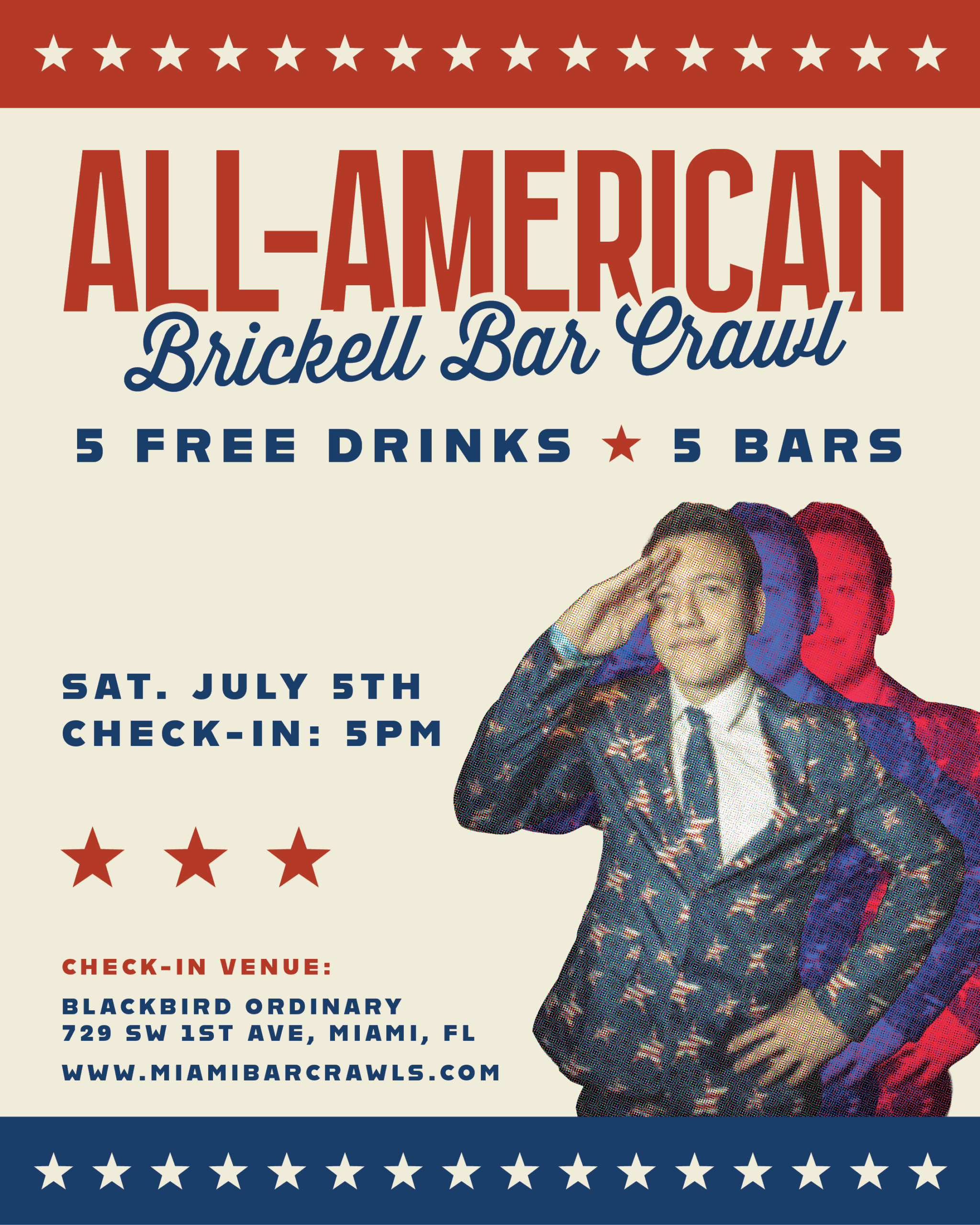 Flyer for All American Bar Crawl in Brickell 2025